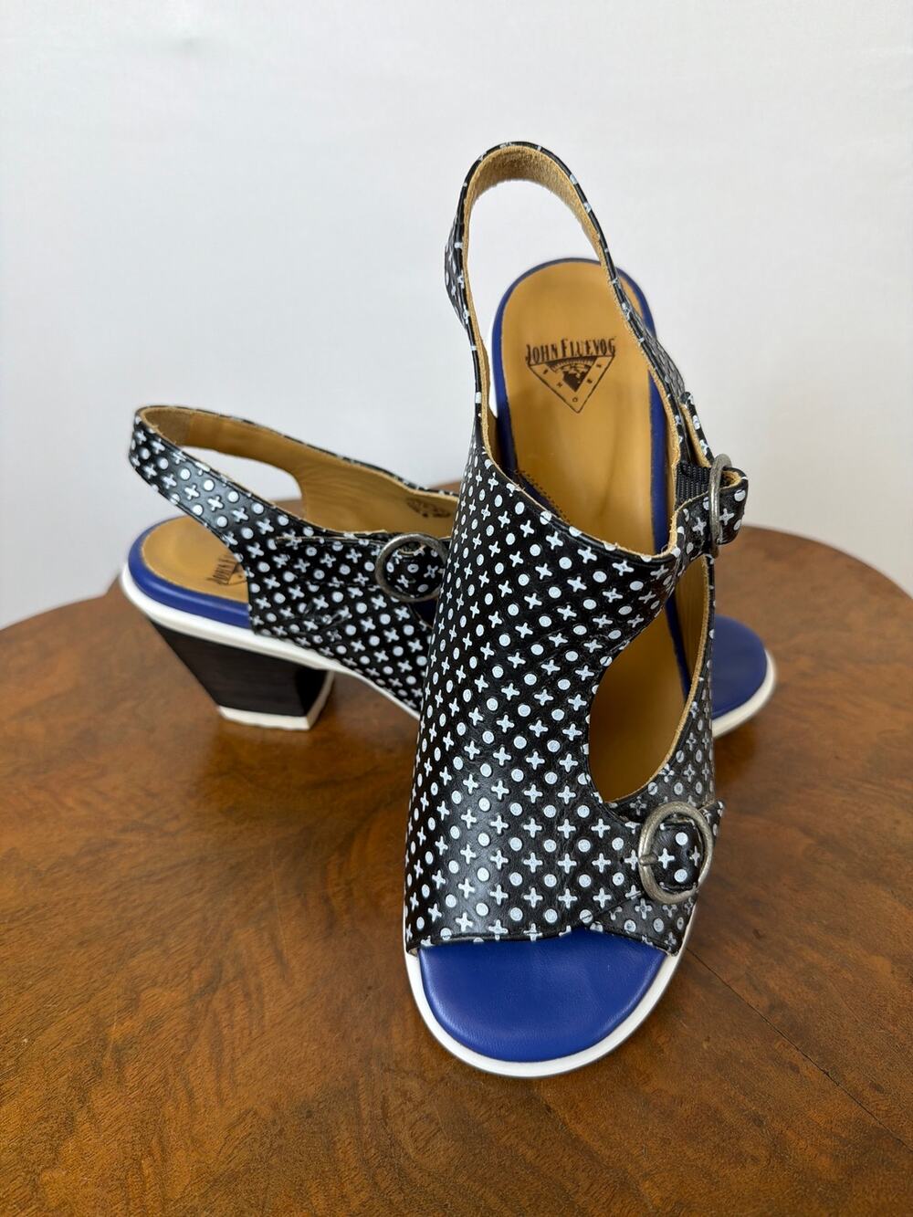 John Fluevog Black White Textured Buckle Heels Size 10.5 Portugal 2.5 Inch